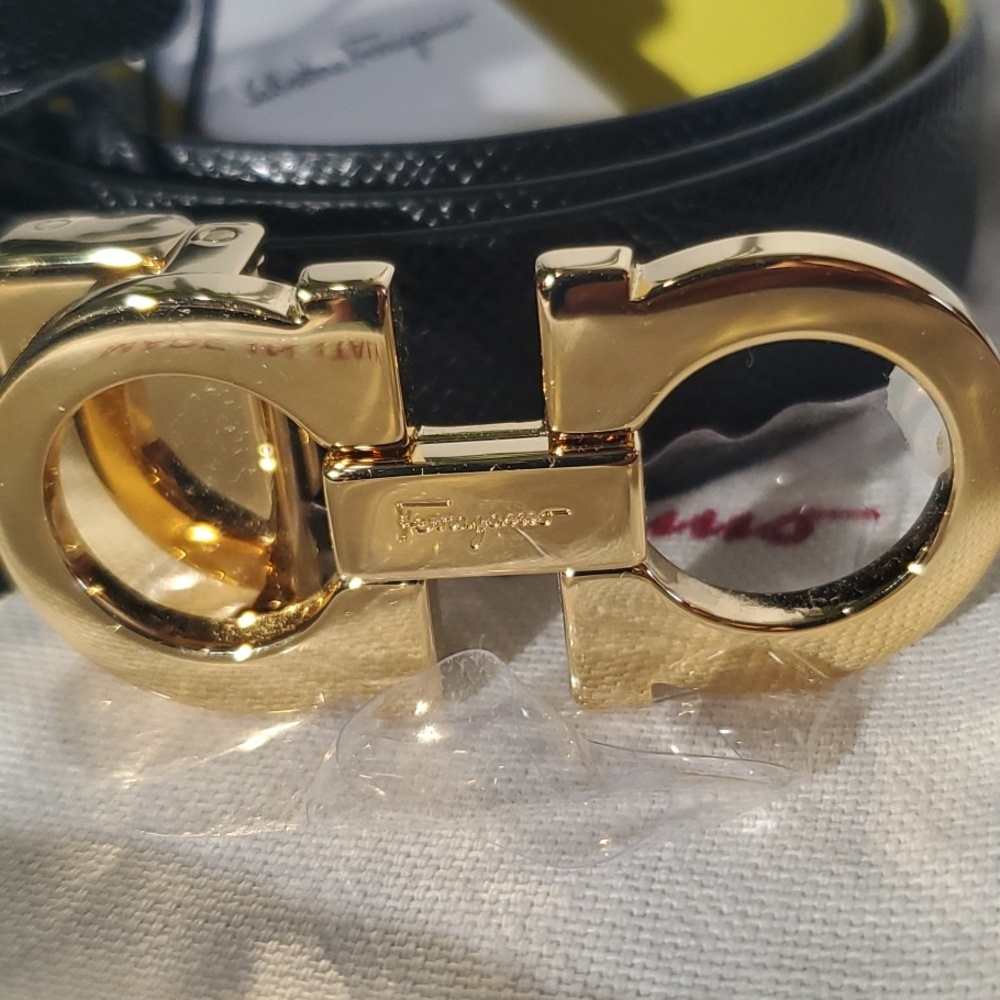 Salvatore Ferragamo Black and Yellow Leather Belt with Gold Gancini Buckle - New - Picture 2 of 6